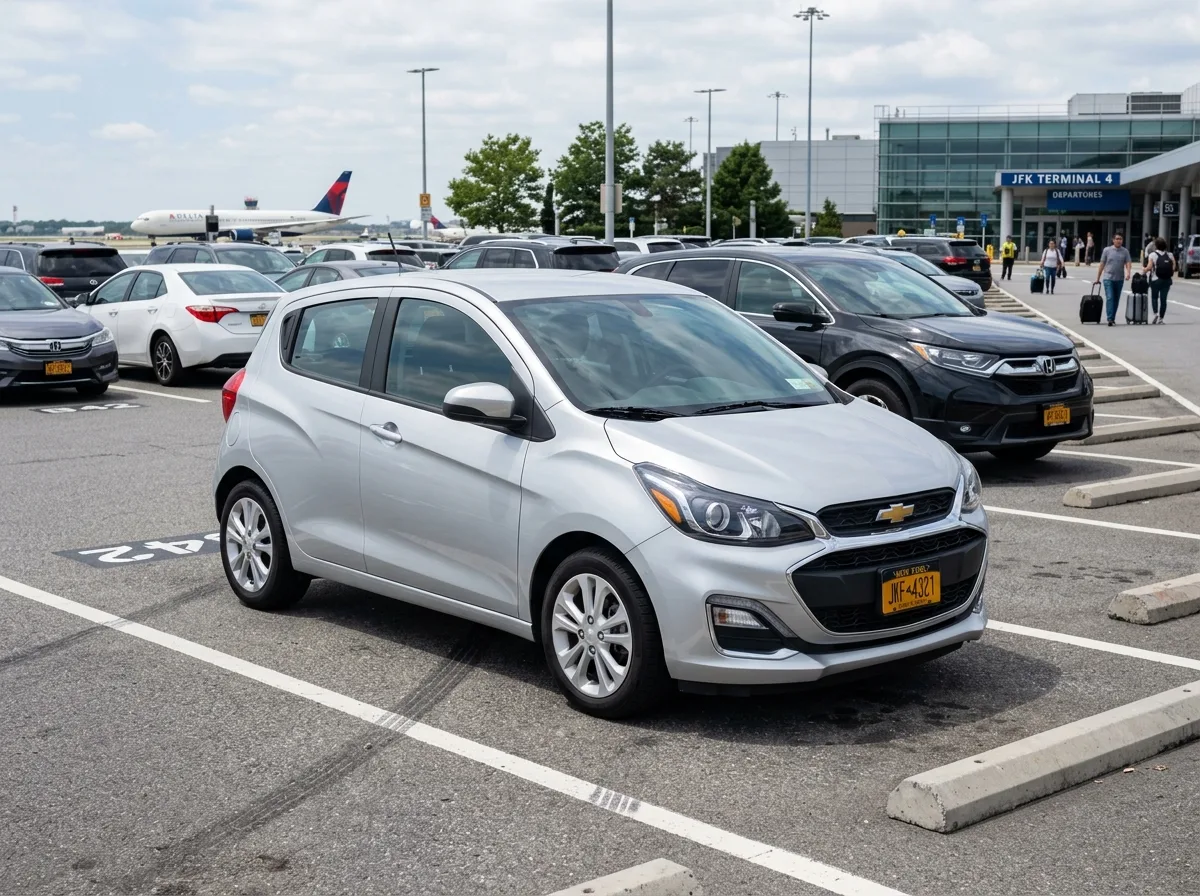 Chevrolet Spark economy hatchback, silver color, parked in airport lot, clean studio lighting
