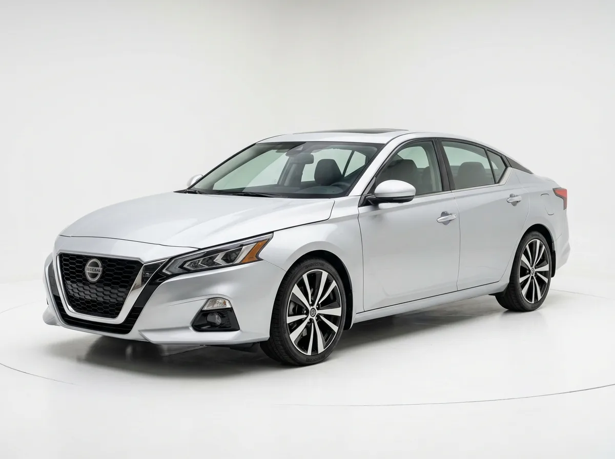 Nissan Altima full-size sedan, metallic silver, three-quarter front view, white background studio