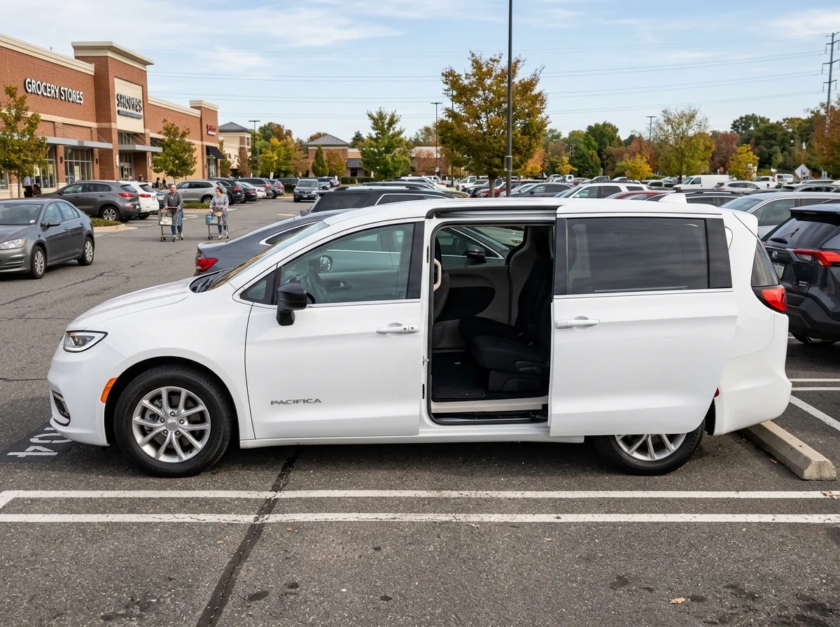 Chrysler Pacifica minivan, white, side view showing sliding door open, parking lot setting
