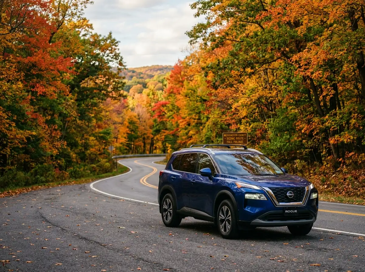 Nissan Rogue compact SUV, deep blue, parked on scenic Westchester County road, autumn foliage
