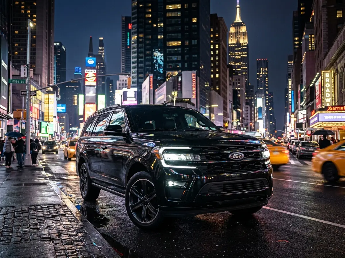 Ford Expedition full-size SUV, black, dramatic front angle, urban New York background at night