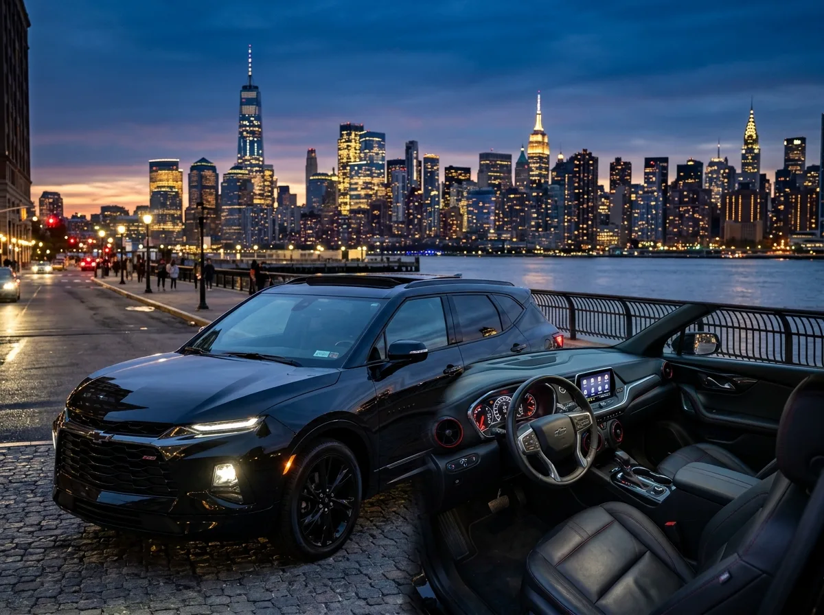 Chevrolet Blazer premium SUV, glossy black, luxury interior visible, Manhattan skyline background at dusk