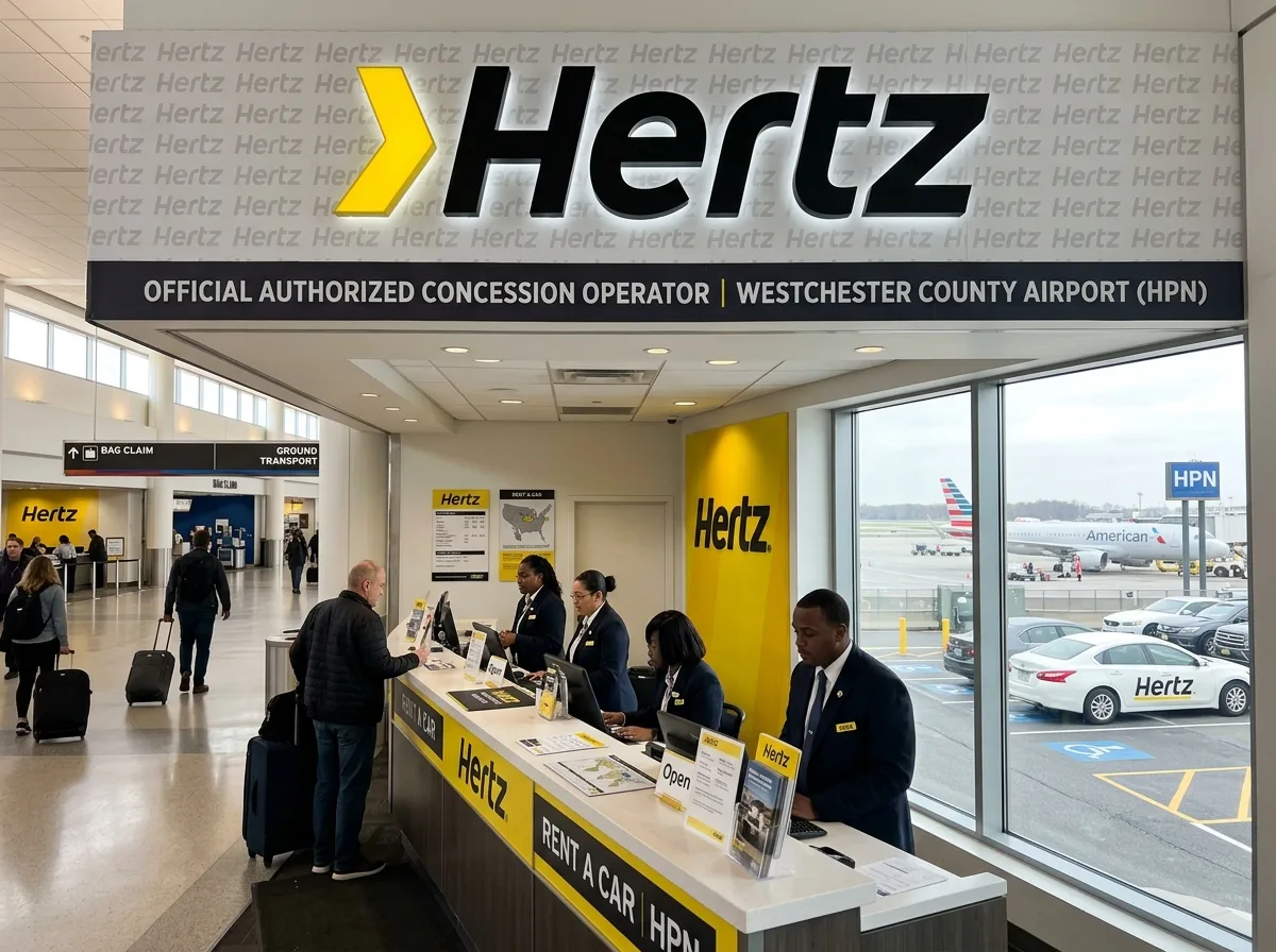 Hertz car rental brand logo, official authorized concession operator at HPN airport