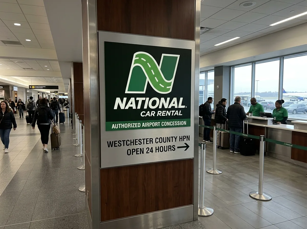 National Car Rental brand logo, authorized airport concession at Westchester County HPN