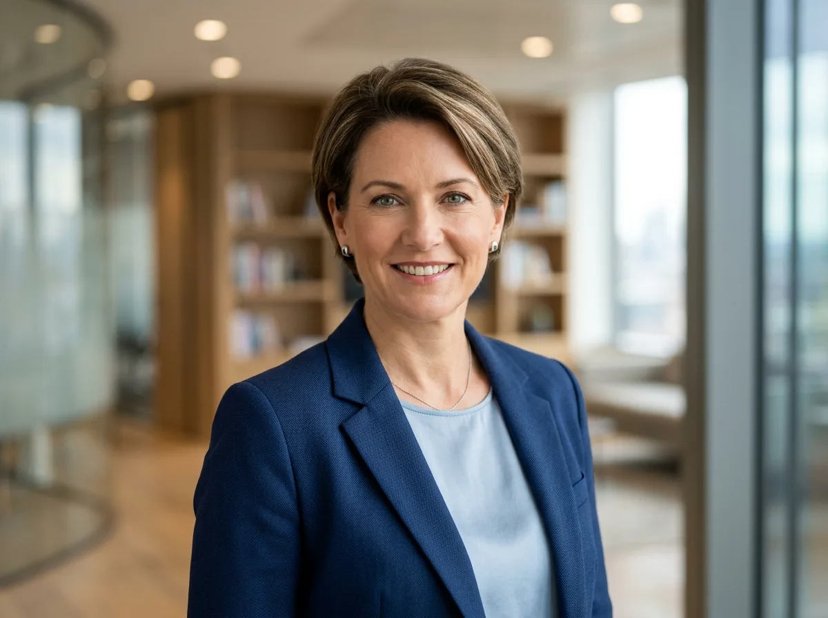 Portrait of Sandra K., 45 woman executive, short hair, blue blazer, professional headshot style