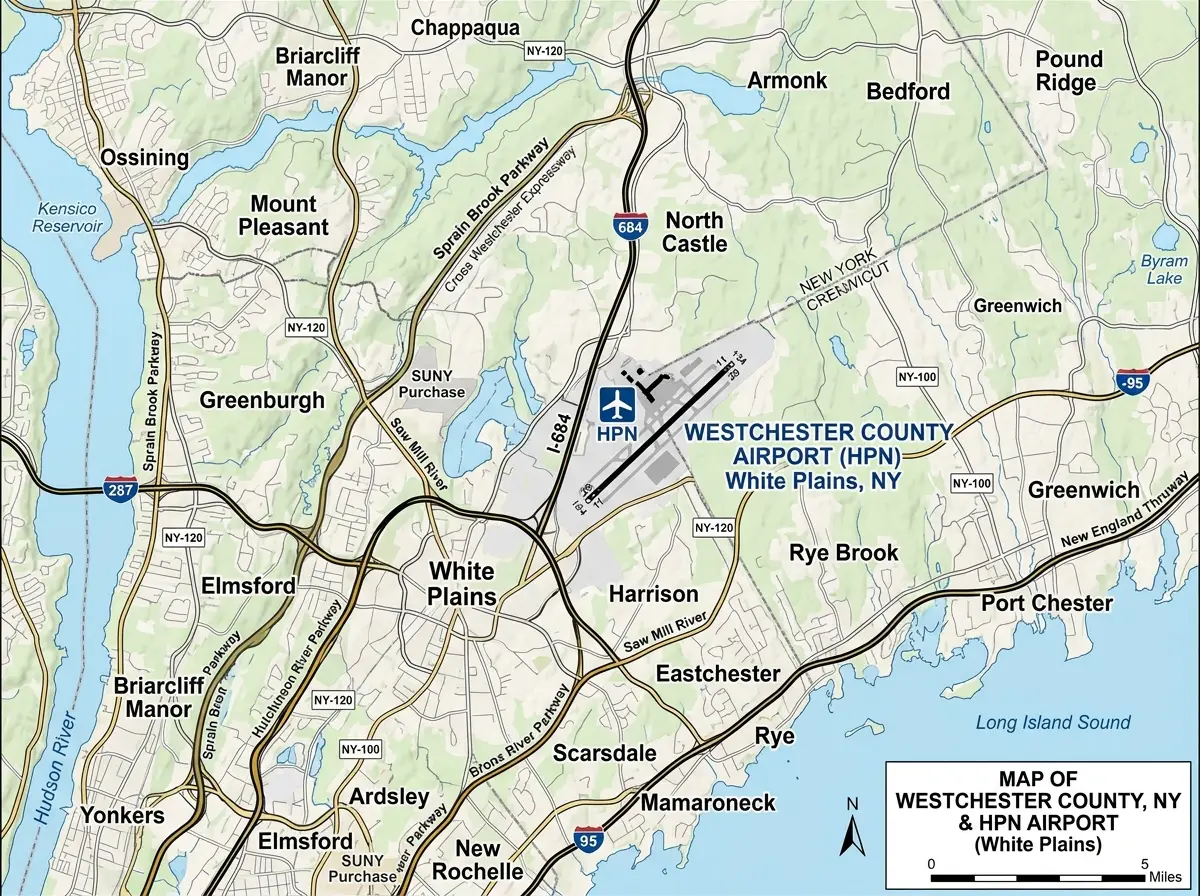 Map showing Westchester County Airport HPN location in White Plains New York, with surrounding Westchester towns marked, aerial road map view